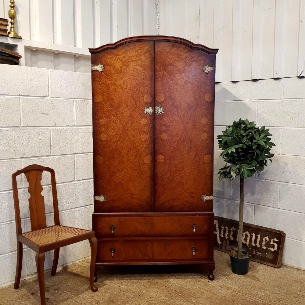 ANTIQUE SMALL BURR WALNUT SINGLE WARDROBE COMPACTUM C1920