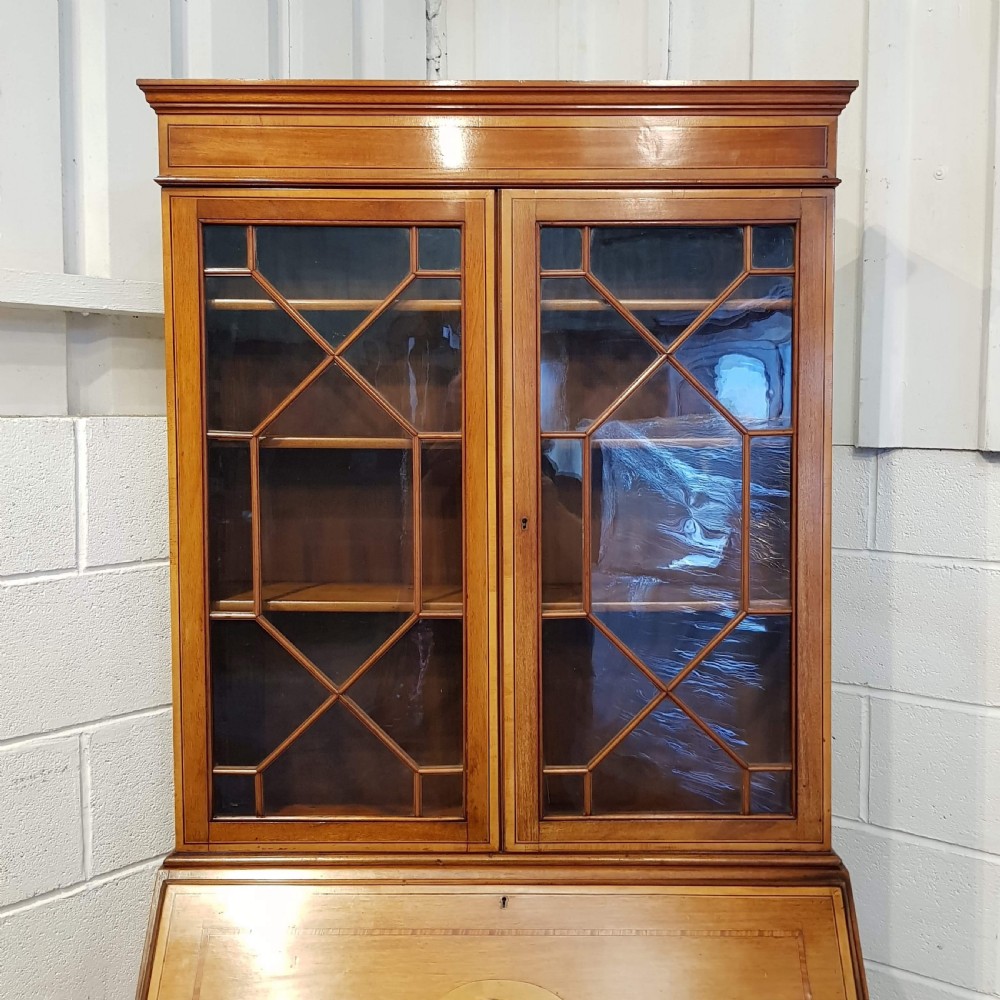 ANTIQUE EDWARDIAN SATINWOOD ASTRAGAL GLAZED BUREAU BOOKCASE C1900 View V
