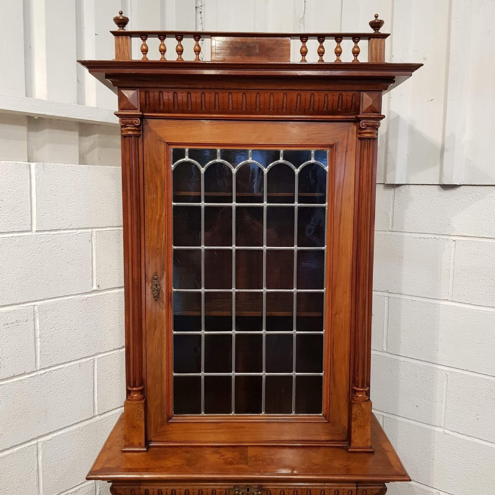 ANTIQUE LATE VICTORIAN BURR WALNUT GLAZED CABINET BOOKCASE C1890 View II