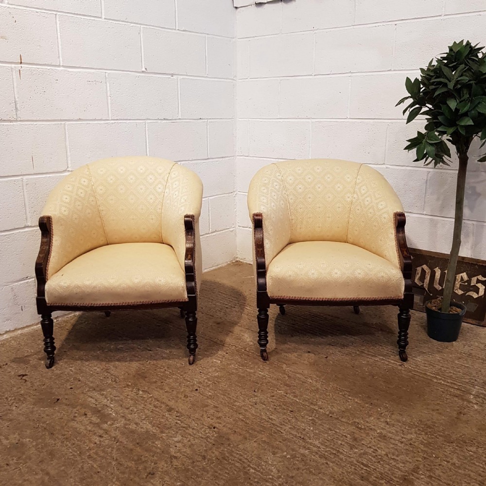 PAIR ANTIQUE ART NOUVEAU INLAID TUB SALON CHAIRS C1890