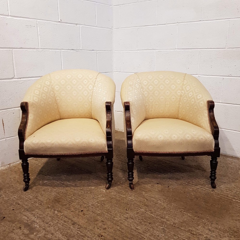 PAIR ANTIQUE ART NOUVEAU INLAID TUB SALON CHAIRS C1890 View VI