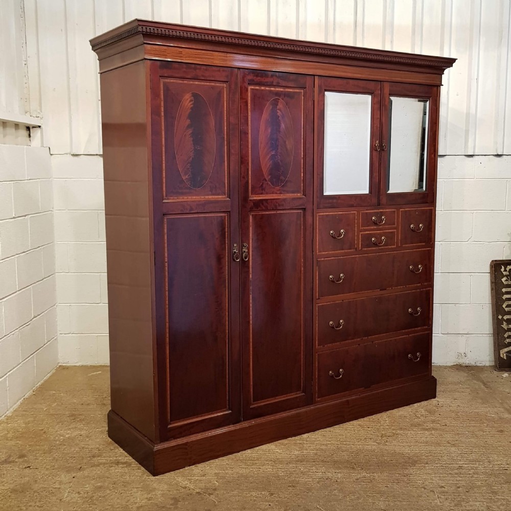 ANTIQUE EDWARDIAN FLAMED MAHOGANY TRIPLE COMBINATION WARDROBE C1900 View II