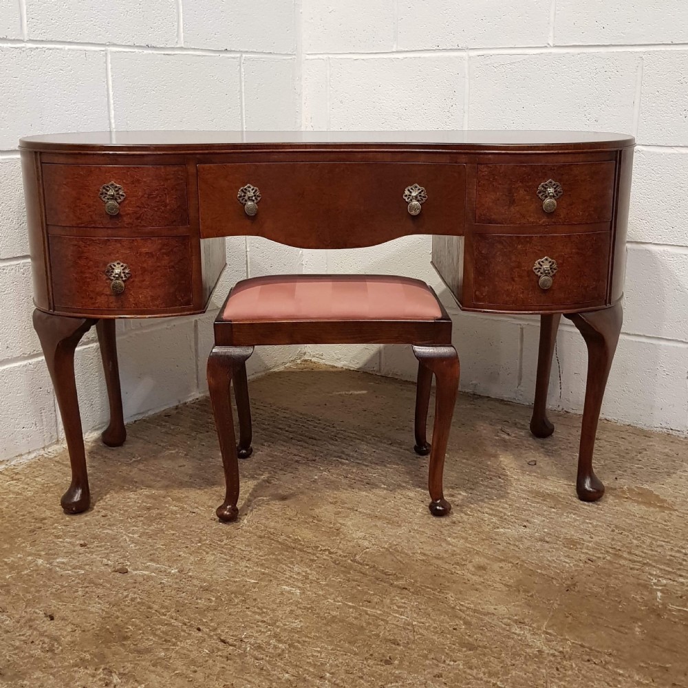 ANTIQUE BURR WALNUT KIDNEY SHAPED DRESSING TABLE & STOOL C1920