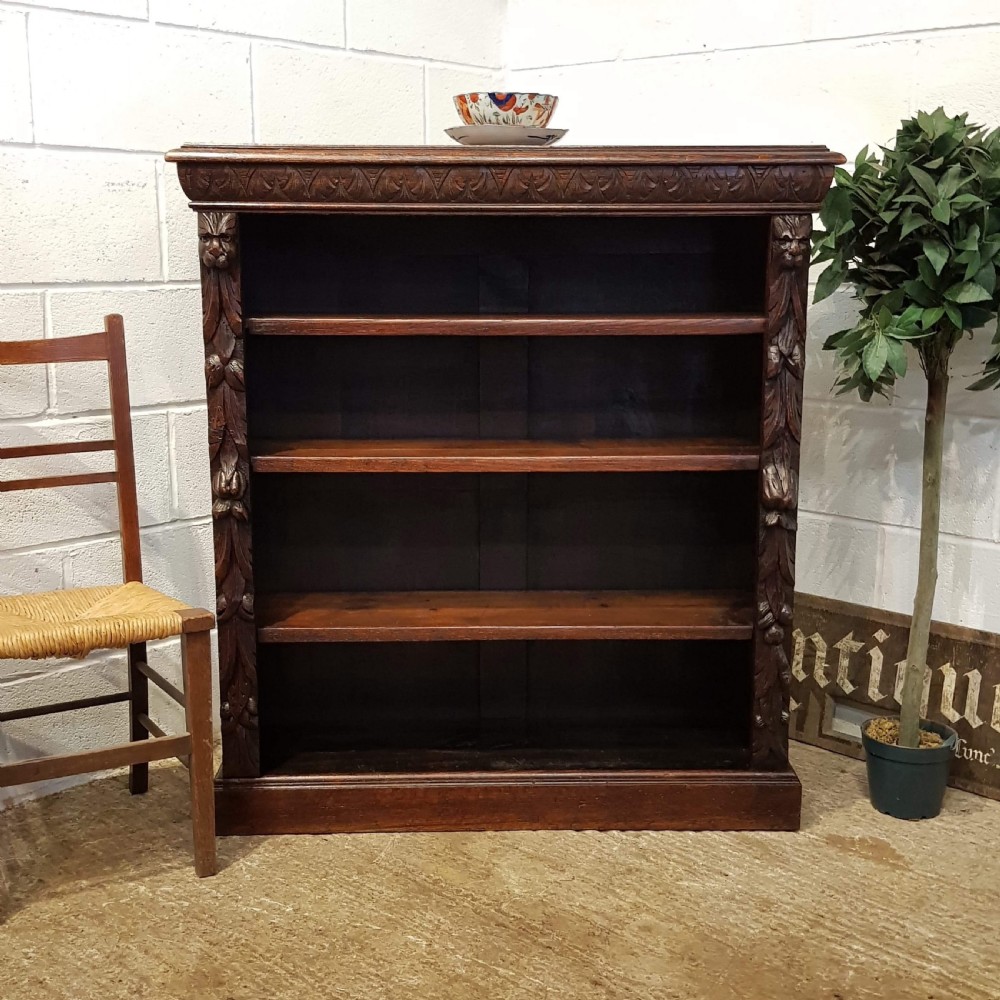 ANTIQUE VICTORIAN CARVED GOTHIC OAK OPEN BOOKCASE C1880