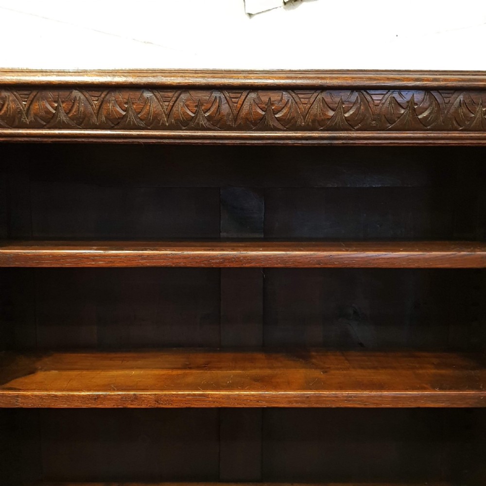 ANTIQUE VICTORIAN CARVED GOTHIC OAK OPEN BOOKCASE C1880 View II