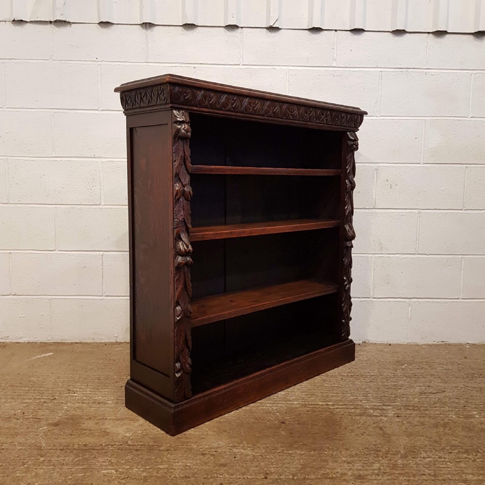 ANTIQUE VICTORIAN CARVED GOTHIC OAK OPEN BOOKCASE C1880 View IV