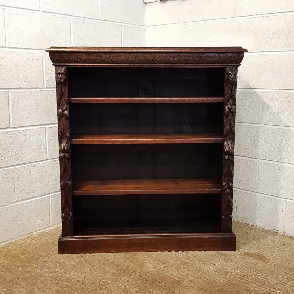 ANTIQUE VICTORIAN CARVED GOTHIC OAK OPEN BOOKCASE C1880 View V