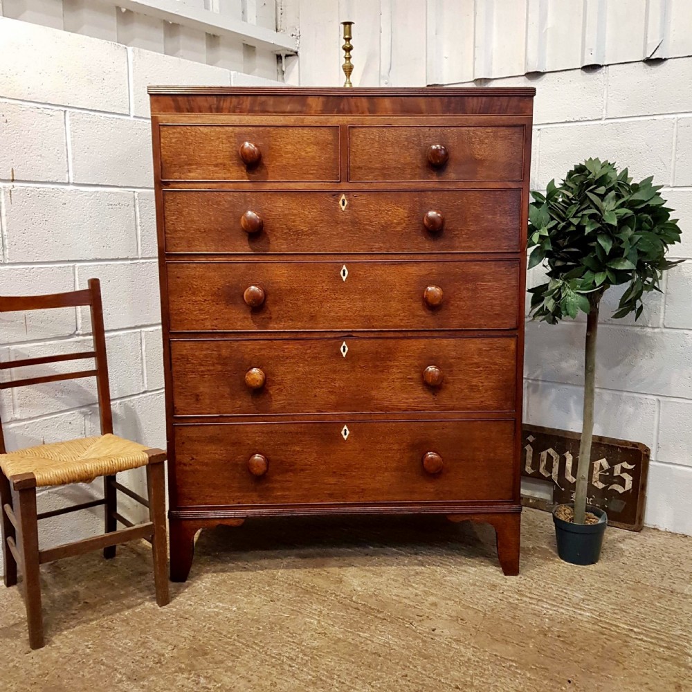 ANTIQUE REGENCY OAK & MAHOGANY TALL CHEST OF DRAWERS C1820