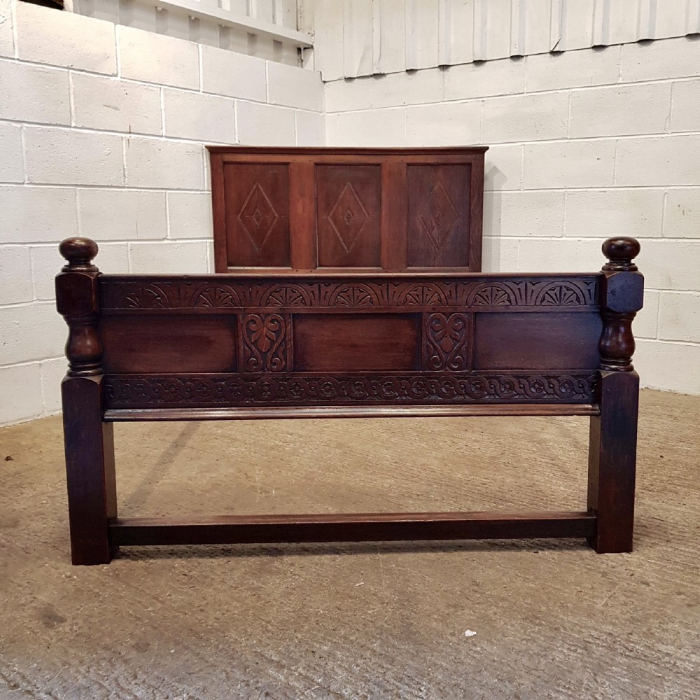 ANTIQUE EDWARDIAN CARVED JOINED OAK DOUBLE BED C1900