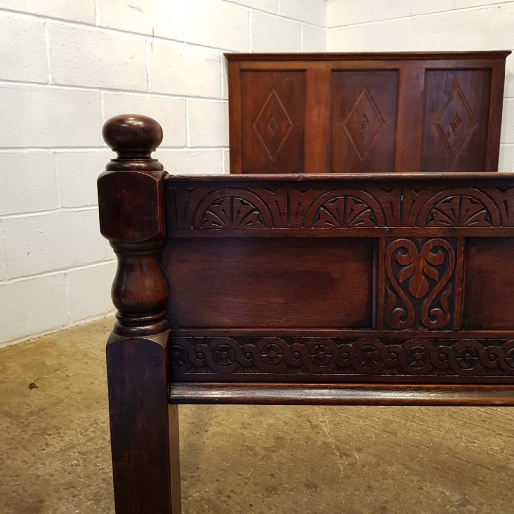 ANTIQUE EDWARDIAN CARVED JOINED OAK DOUBLE BED C1900 View III