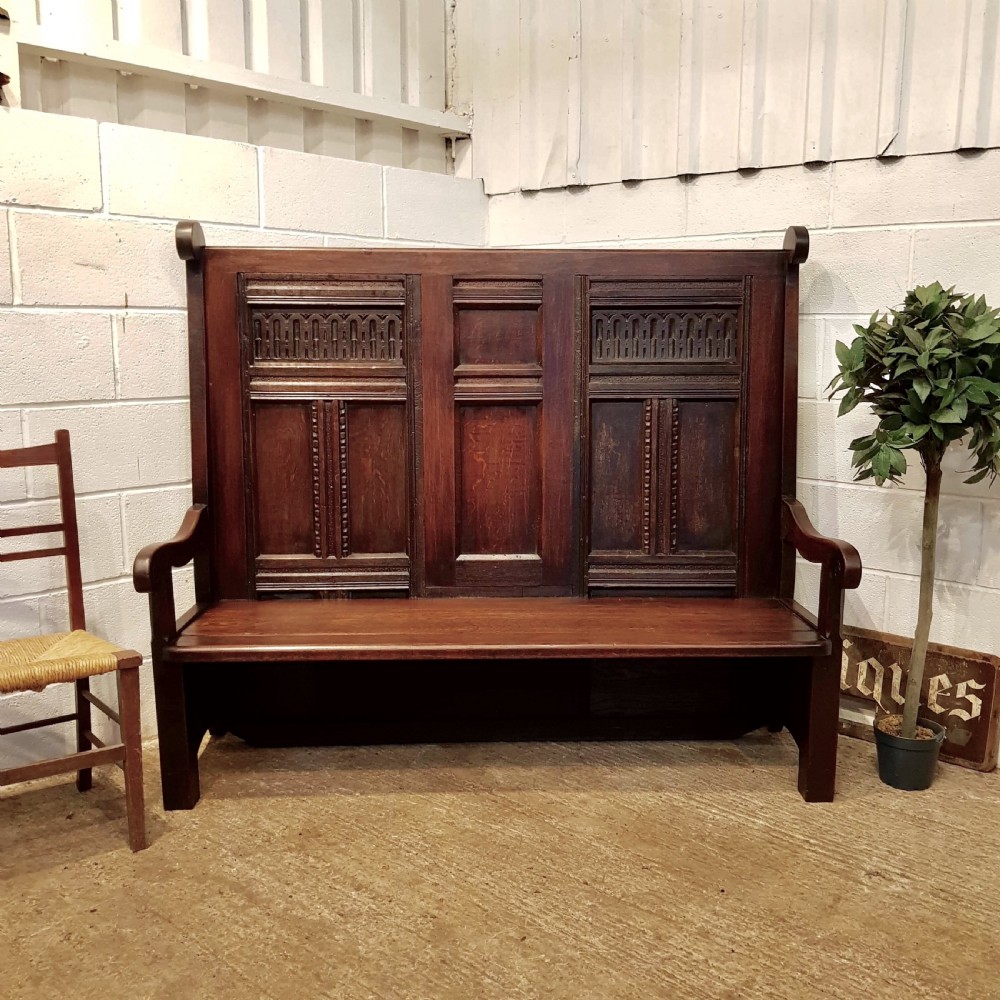ANTIQUE GEORGIAN PERIOD JOINED OAK HIGH BACK SETTLE BENCH C1780 View V