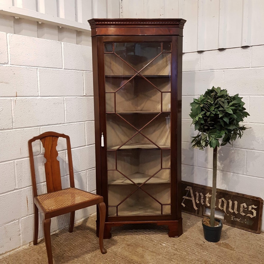ANTIQUE LATE VICTORIAN TALL MAHOGANY ASTRAGAL GLAZED CORNER CABINET C1890