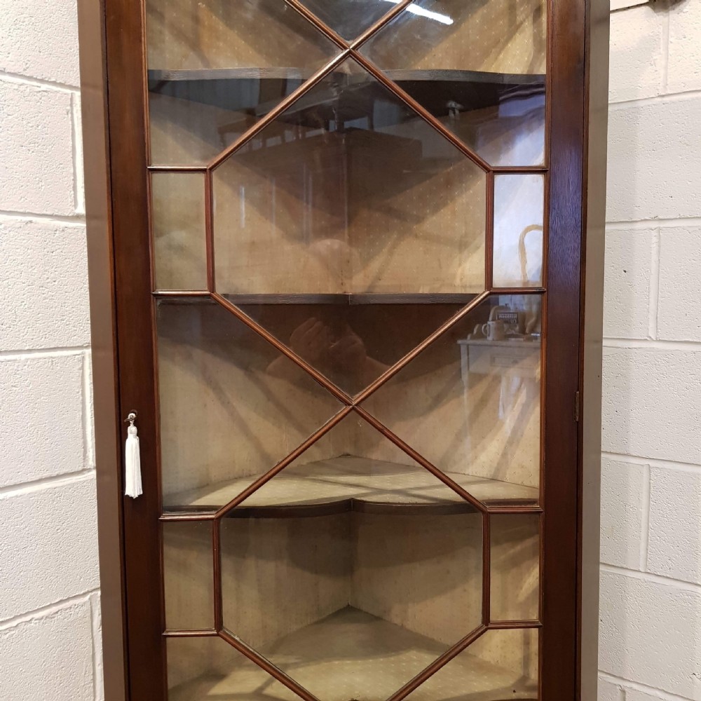 ANTIQUE LATE VICTORIAN TALL MAHOGANY ASTRAGAL GLAZED CORNER CABINET C1890 View V