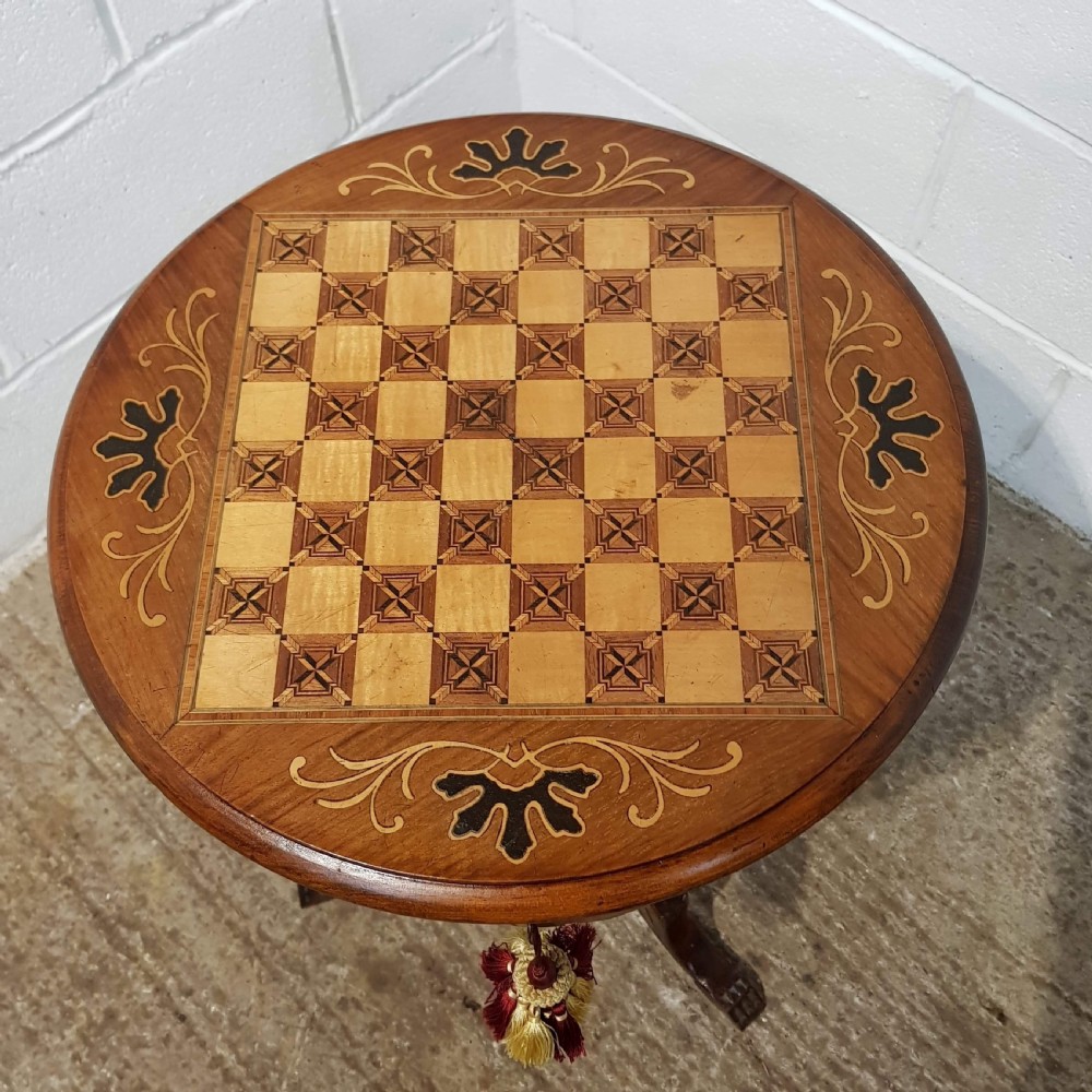 ANTIQUE VICTORIAN BURR WALNUT INLAID WORK & GAMES TRUMPET TABLE C1880 View III