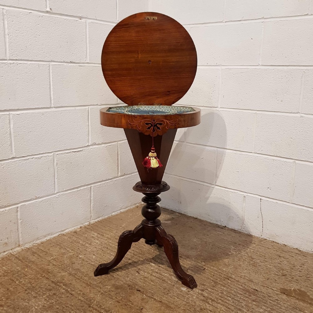 ANTIQUE VICTORIAN BURR WALNUT INLAID WORK & GAMES TRUMPET TABLE C1880 View V