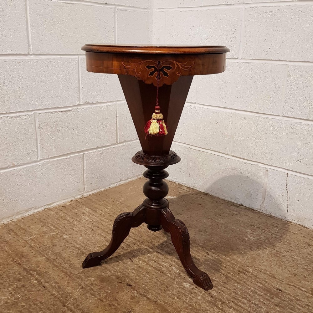 ANTIQUE VICTORIAN BURR WALNUT INLAID WORK & GAMES TRUMPET TABLE C1880 View VI