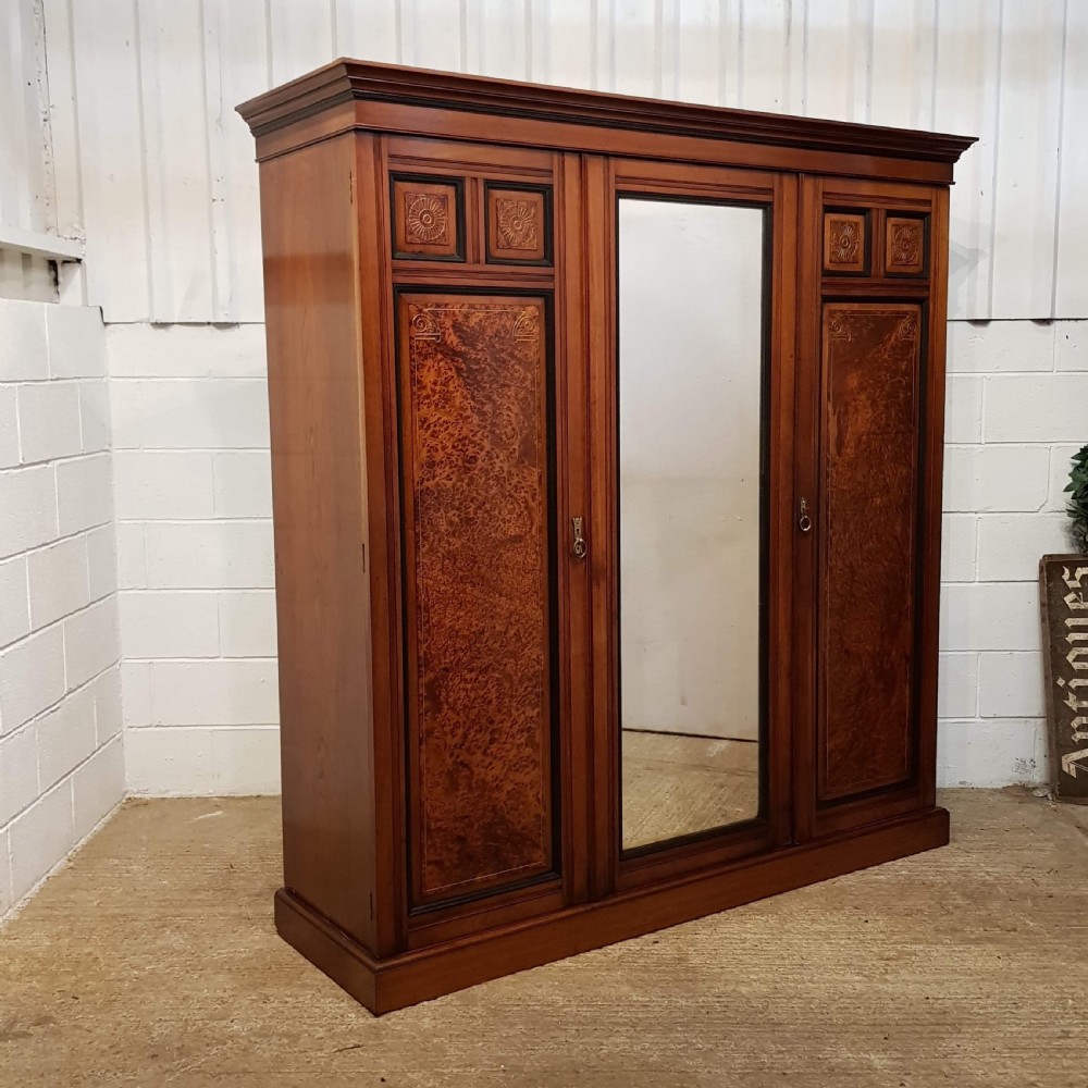 ANTIQUE VICTORIAN AESTHETIC BURR WALNUT & EBONY TRIPLE WARDROBE COMPACTUM C1890 View II
