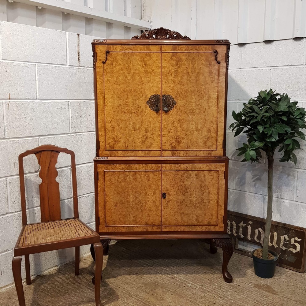 ANTIQUE BURR WALNUT & MAHOGANY COCKTAIL CABINET C1920