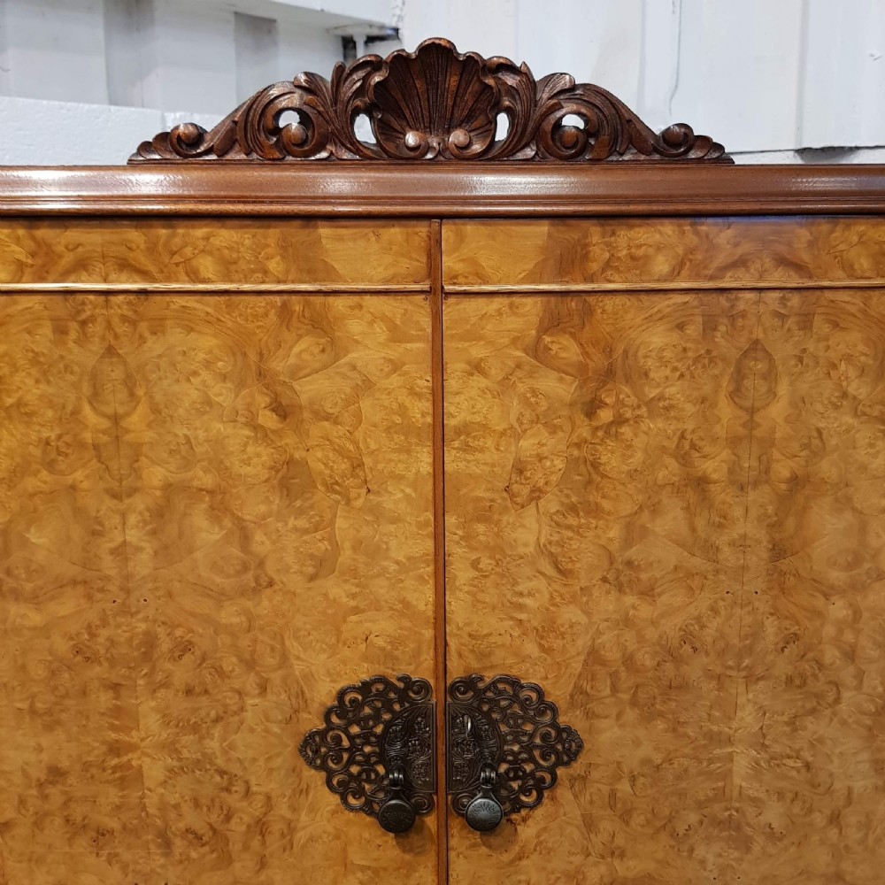 ANTIQUE BURR WALNUT & MAHOGANY COCKTAIL CABINET C1920 View V