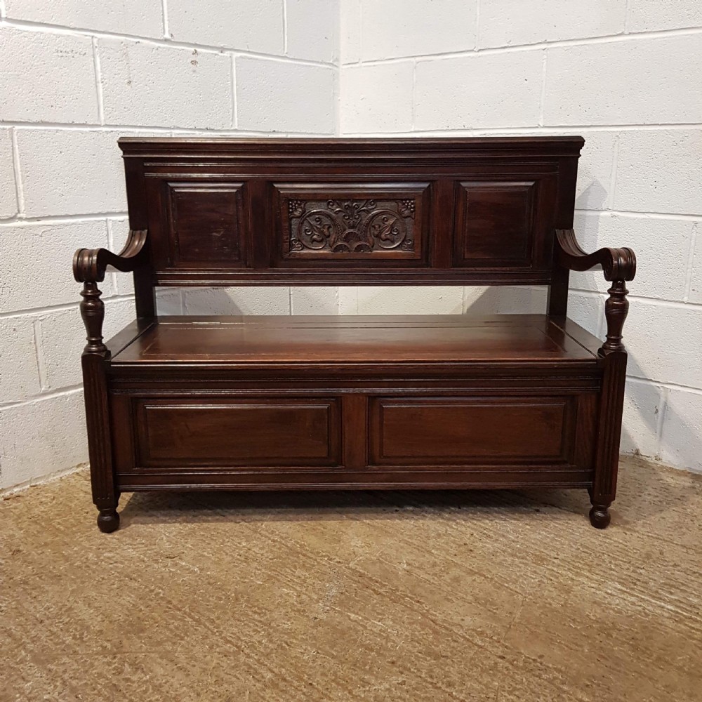 ANTIQUE LATE VICTORIAN OAK BOX SETTLE BENCH C1890 View VI