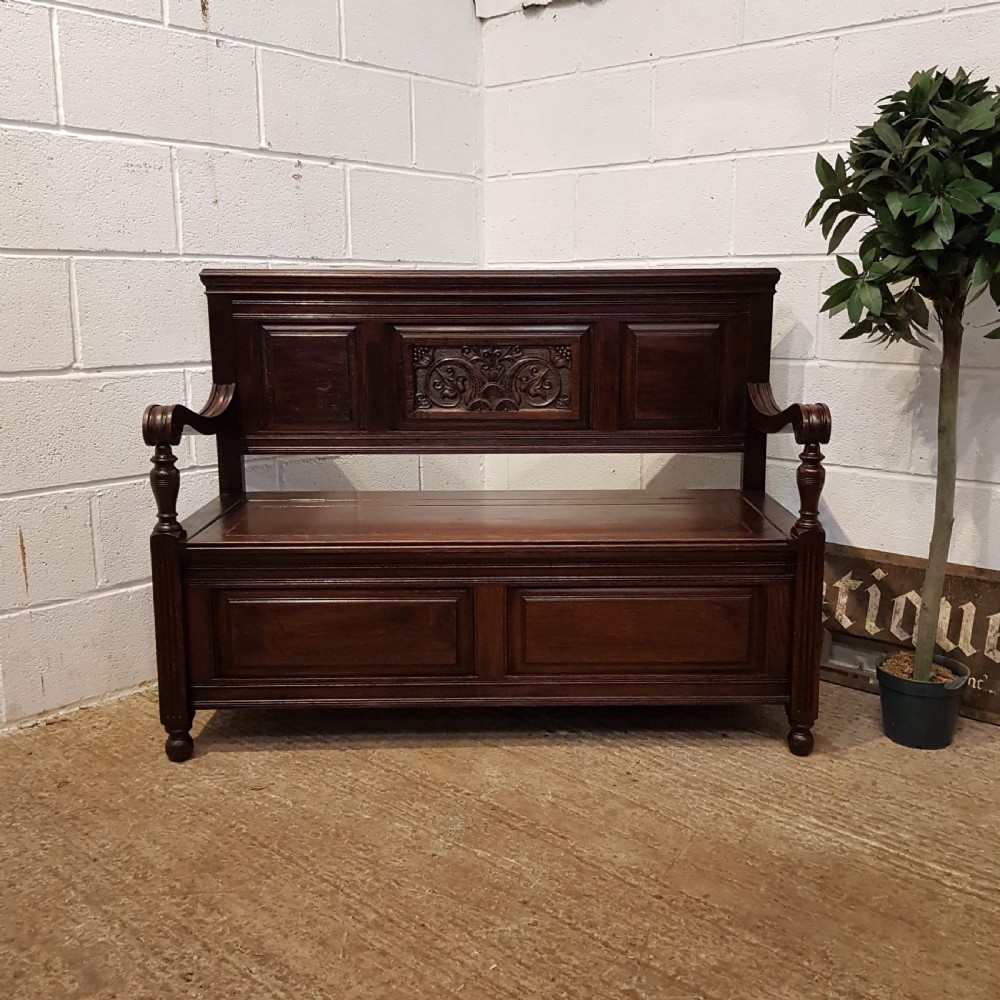 ANTIQUE LATE VICTORIAN OAK BOX SETTLE BENCH C1890 View VIII