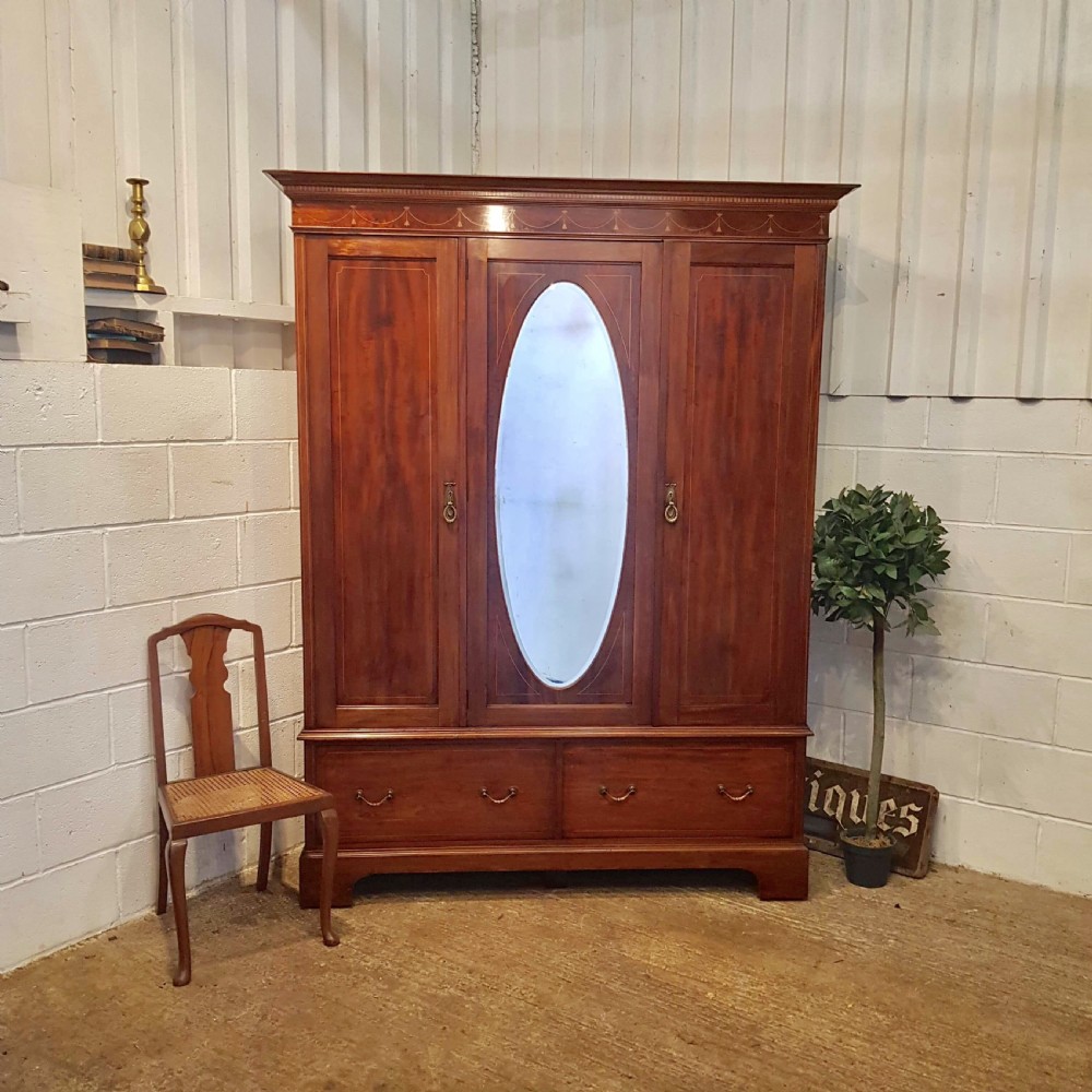 ANTIQUE EDWARDIAN INLAID MAHOGANY TRIPLE WARDROBE C1900