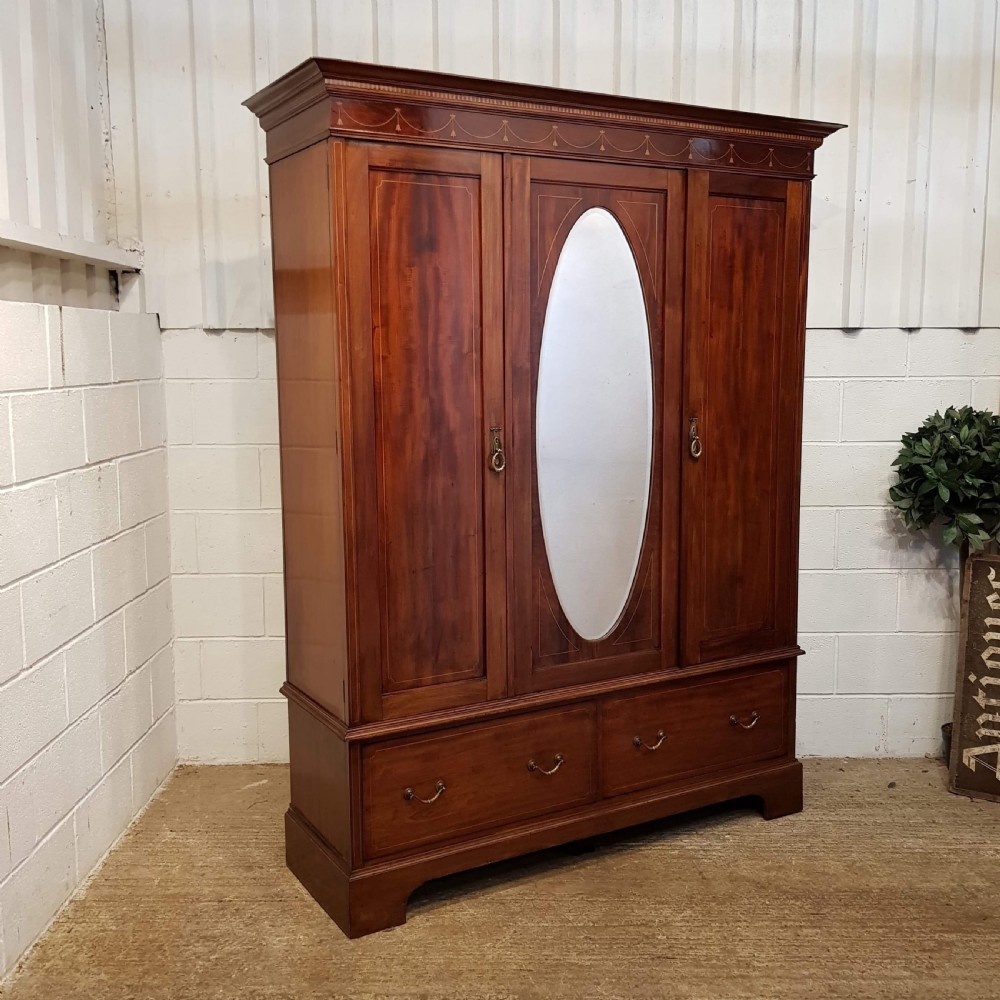 ANTIQUE EDWARDIAN INLAID MAHOGANY TRIPLE WARDROBE C1900 View II