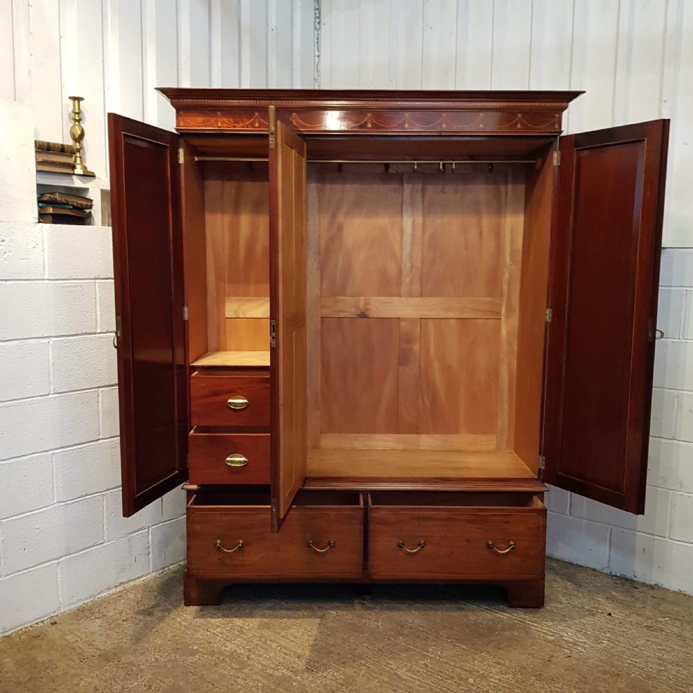 ANTIQUE EDWARDIAN INLAID MAHOGANY TRIPLE WARDROBE C1900 View III