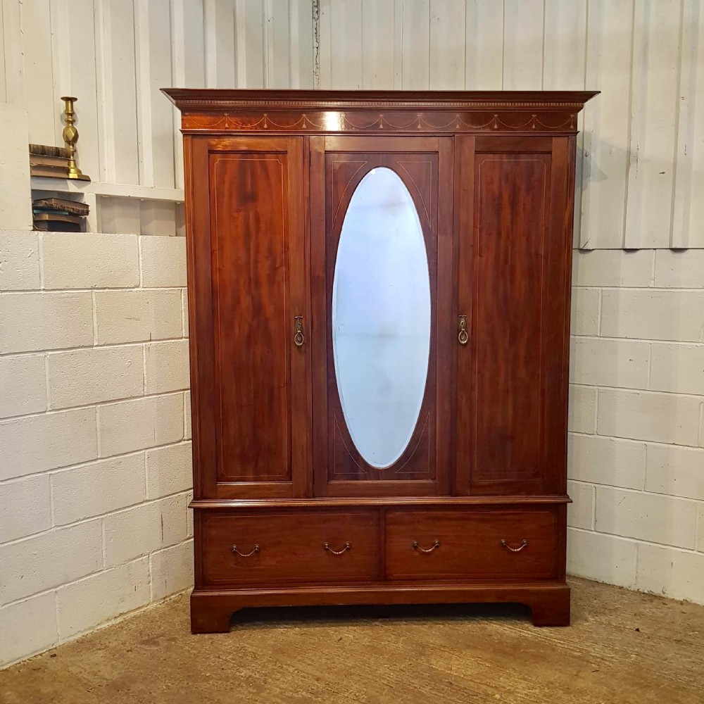 ANTIQUE EDWARDIAN INLAID MAHOGANY TRIPLE WARDROBE C1900 View VI