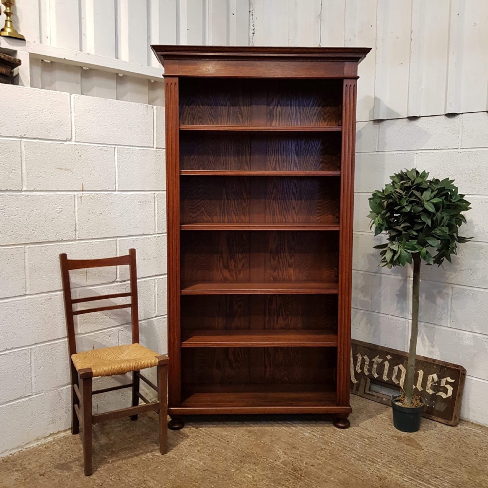 ANTIQUE VICTORIAN TALL OAK OPEN BOOKCASE C1880