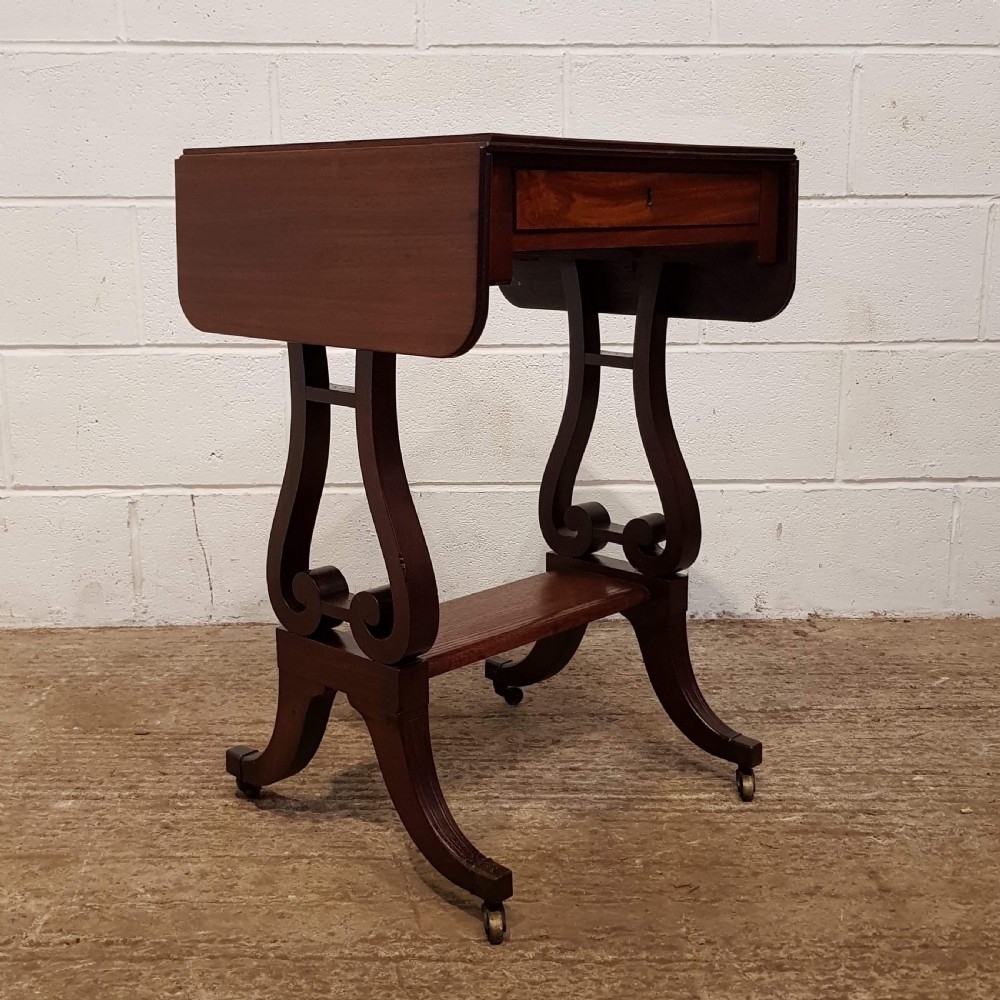 ANTIQUE REGENCY MAHOGANY LYRE END DROP LEAF SOFA TABLE C1820