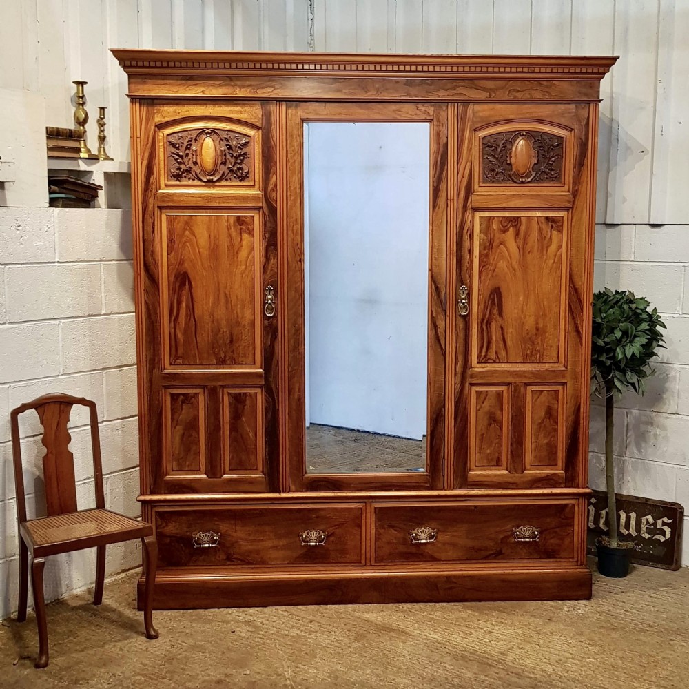 ANTIQUE LATE VICTORIAN ASH & WALNUT TRIPLE WARDROBE C1890