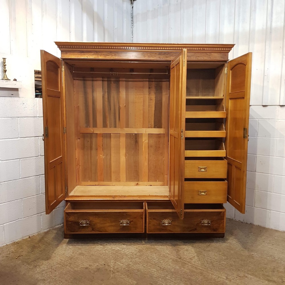 ANTIQUE LATE VICTORIAN ASH & WALNUT TRIPLE WARDROBE C1890 View II