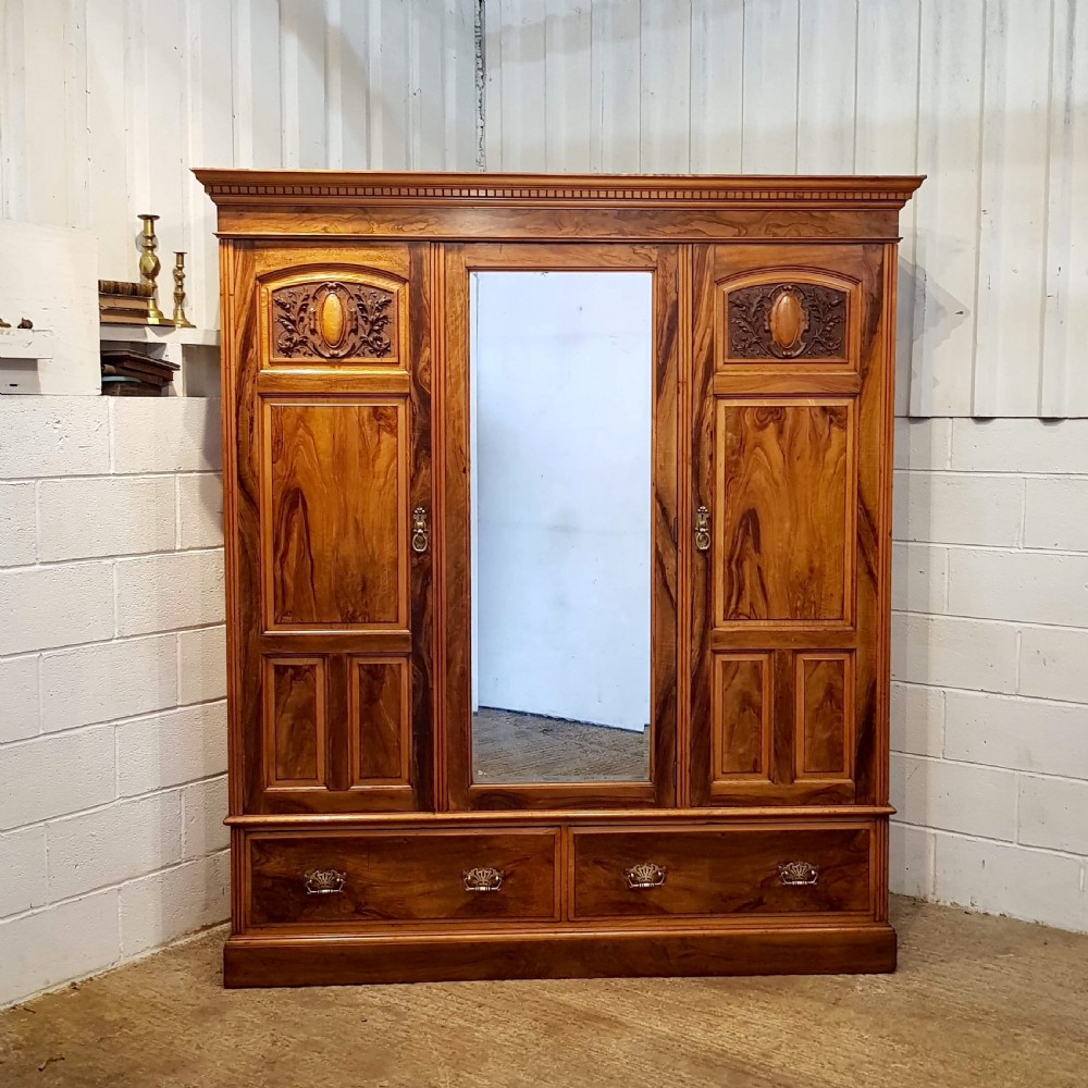 ANTIQUE LATE VICTORIAN ASH & WALNUT TRIPLE WARDROBE C1890 View IV
