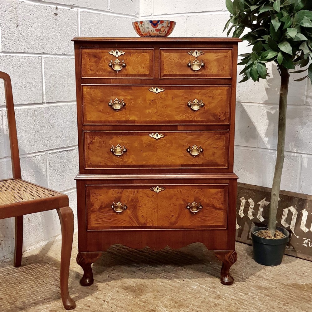 ANTIQUE BURR WALNUT SMALL CHEST ON CHEST OF DRAWERS C1920
