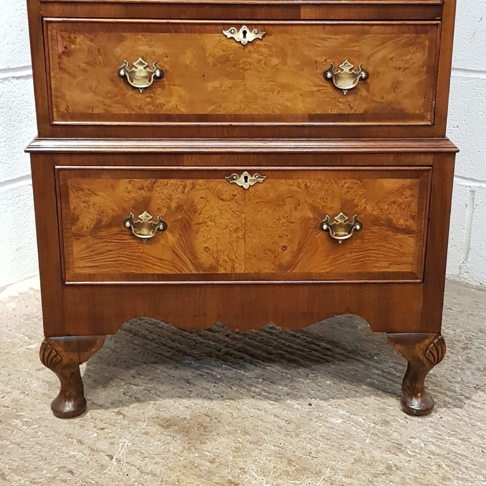 ANTIQUE BURR WALNUT SMALL CHEST ON CHEST OF DRAWERS C1920 View V