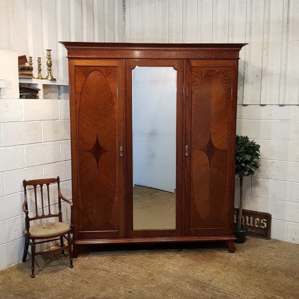 ANTIQUE EDWARDIAN INLAID MAHOGANY TRIPLE WARDROBE C1900