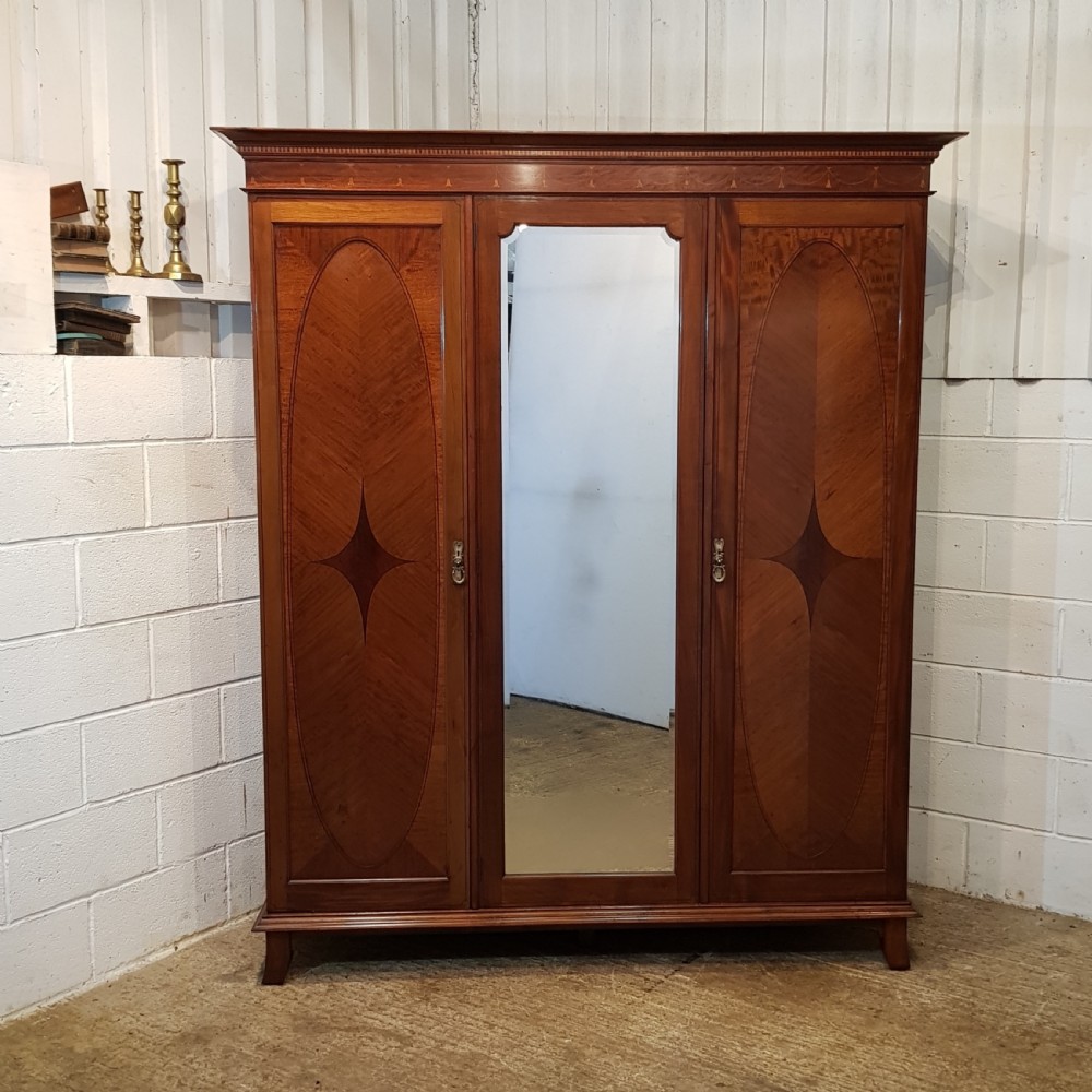 ANTIQUE EDWARDIAN INLAID MAHOGANY TRIPLE WARDROBE C1900 View III
