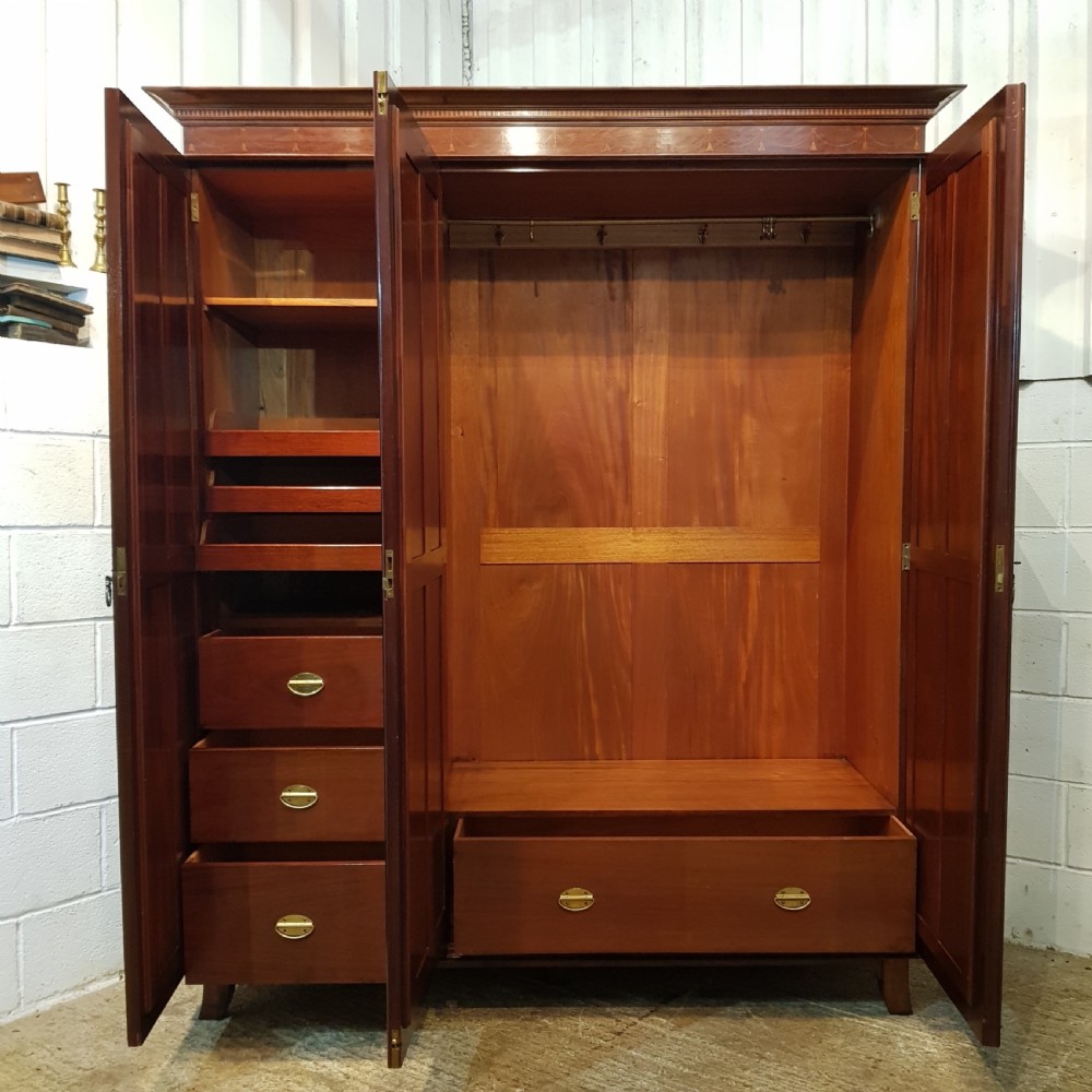 ANTIQUE EDWARDIAN INLAID MAHOGANY TRIPLE WARDROBE C1900 View IV