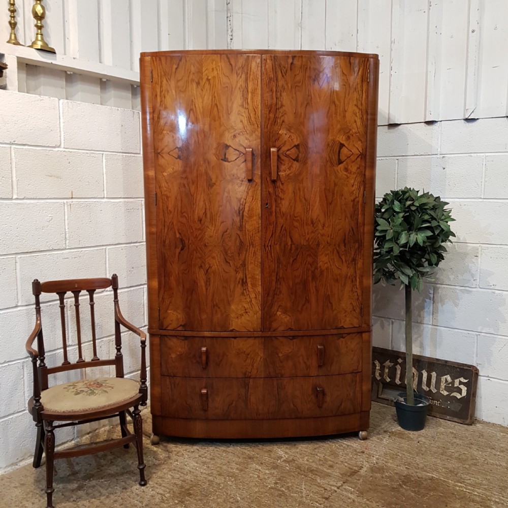 ANTIQUE ART DECO BURR WALNUT BOW FRONT GENTS FITTED WARDROBE C1920