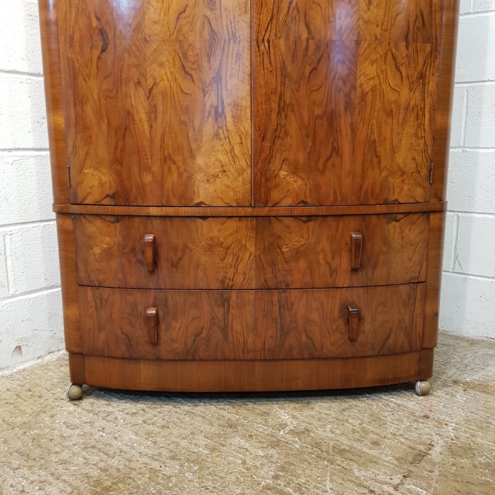 ANTIQUE ART DECO BURR WALNUT BOW FRONT GENTS FITTED WARDROBE C1920 View II