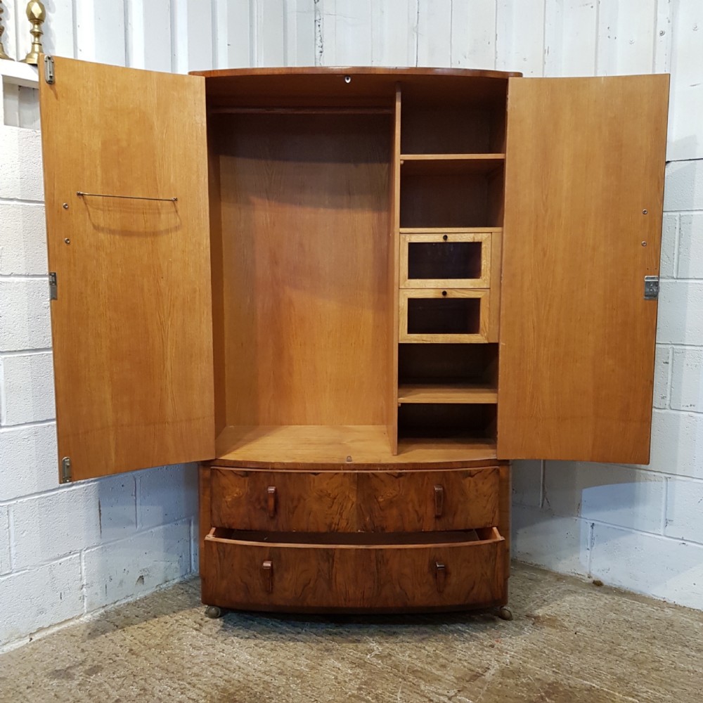 ANTIQUE ART DECO BURR WALNUT BOW FRONT GENTS FITTED WARDROBE C1920 View III