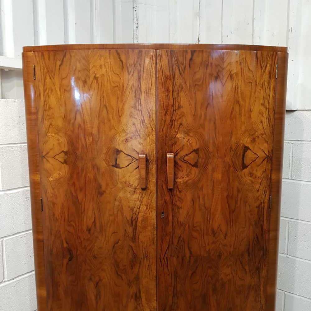 ANTIQUE ART DECO BURR WALNUT BOW FRONT GENTS FITTED WARDROBE C1920 View IV