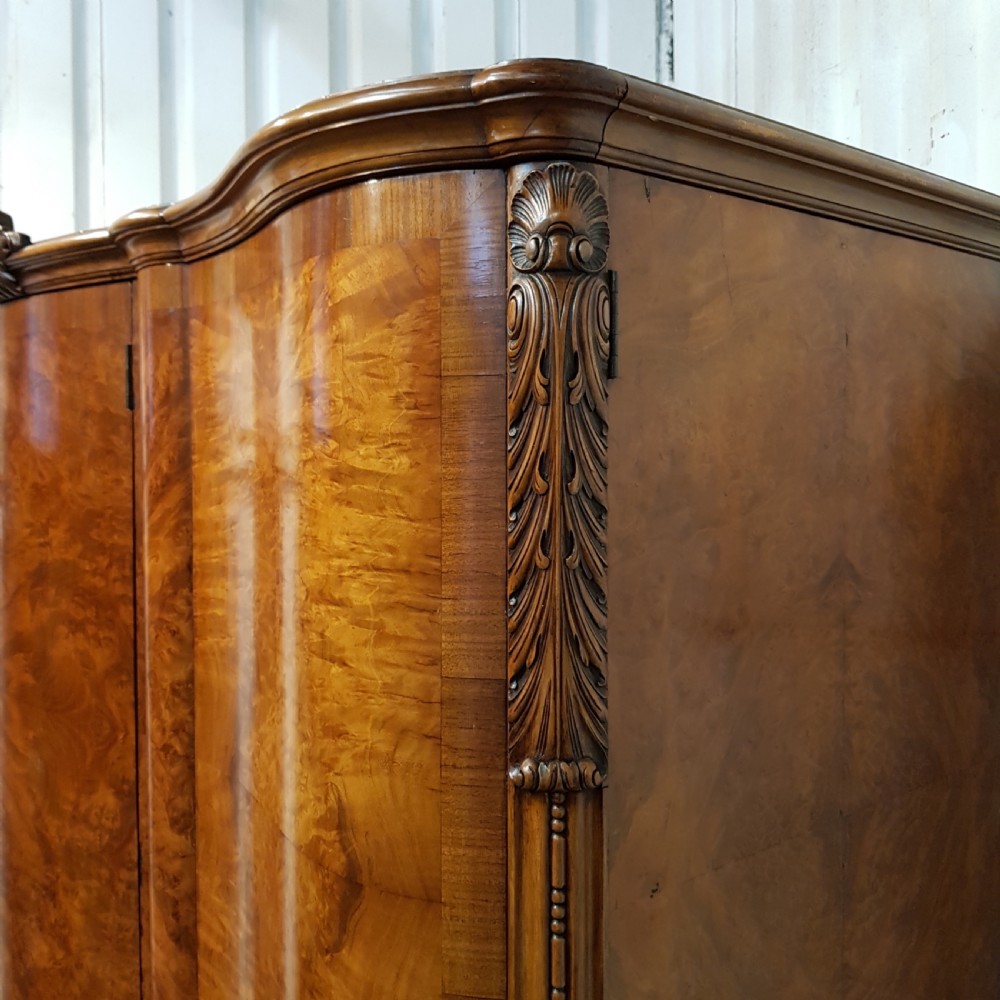 ANTIQUE BURR WALNUT SERPENTINE SHAPED TRIPLE WARDROBE C1920 View V