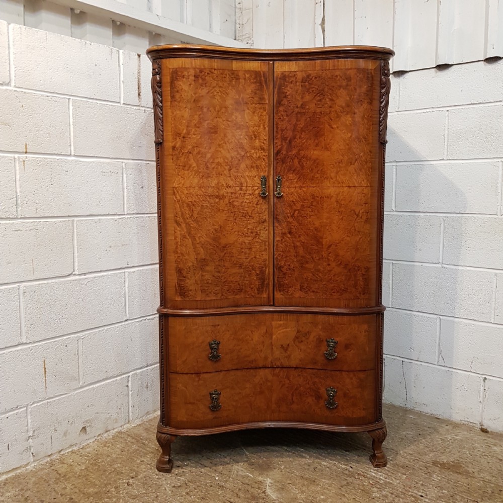 ANTIQUE BURR WALNUT SERPENTINE SHAPED TALL BOY PRESS C1920 View II