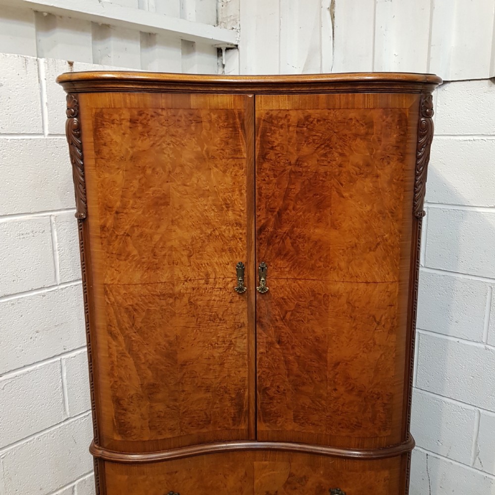 ANTIQUE BURR WALNUT SERPENTINE SHAPED TALL BOY PRESS C1920 View III