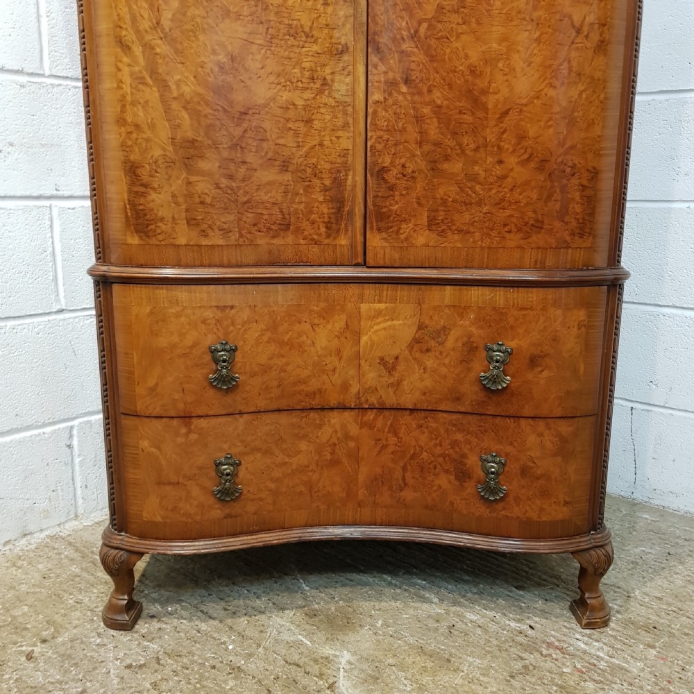 ANTIQUE BURR WALNUT SERPENTINE SHAPED TALL BOY PRESS C1920 View IV