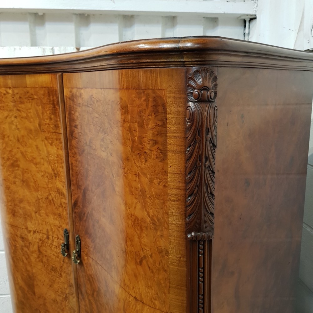 ANTIQUE BURR WALNUT SERPENTINE SHAPED TALL BOY PRESS C1920 View V