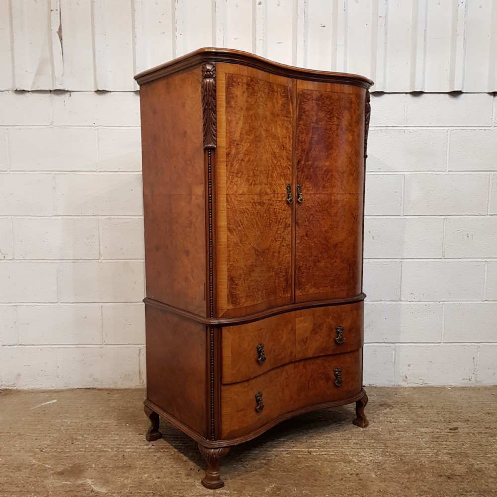 ANTIQUE BURR WALNUT SERPENTINE SHAPED TALL BOY PRESS C1920 View VII
