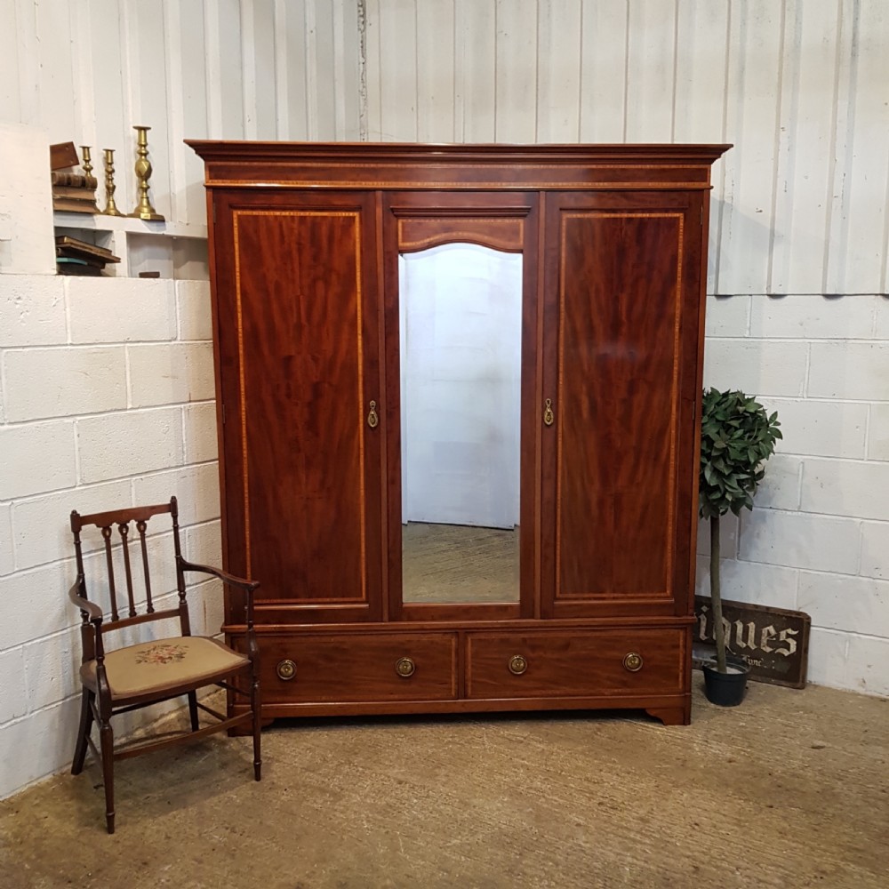 ANTIQUE EDWARDIAN INLAID MAHOGANY TRIPLE WARDROBE C1900